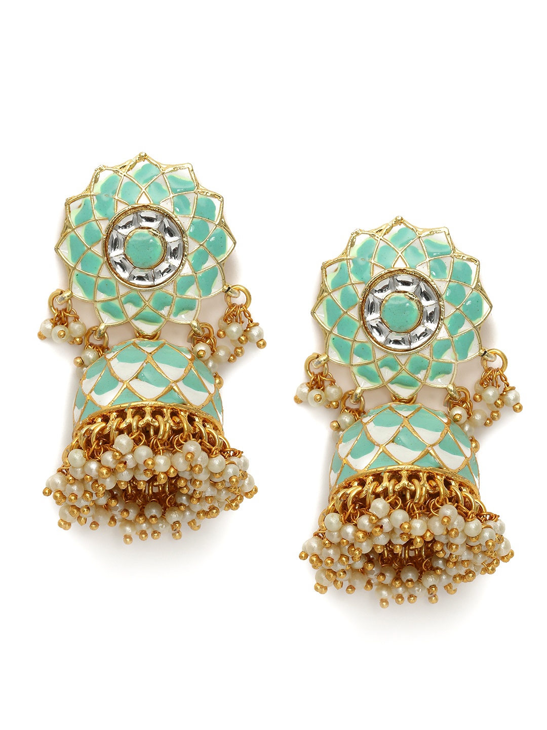 

Zaveri Pearls Sea Green Gold-Plated Dome Shaped Jhumkas