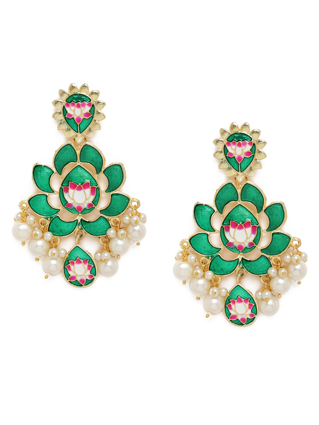 

Zaveri Pearls Green & Pink Gold-Plated Enamelled Floral Drop Earrings