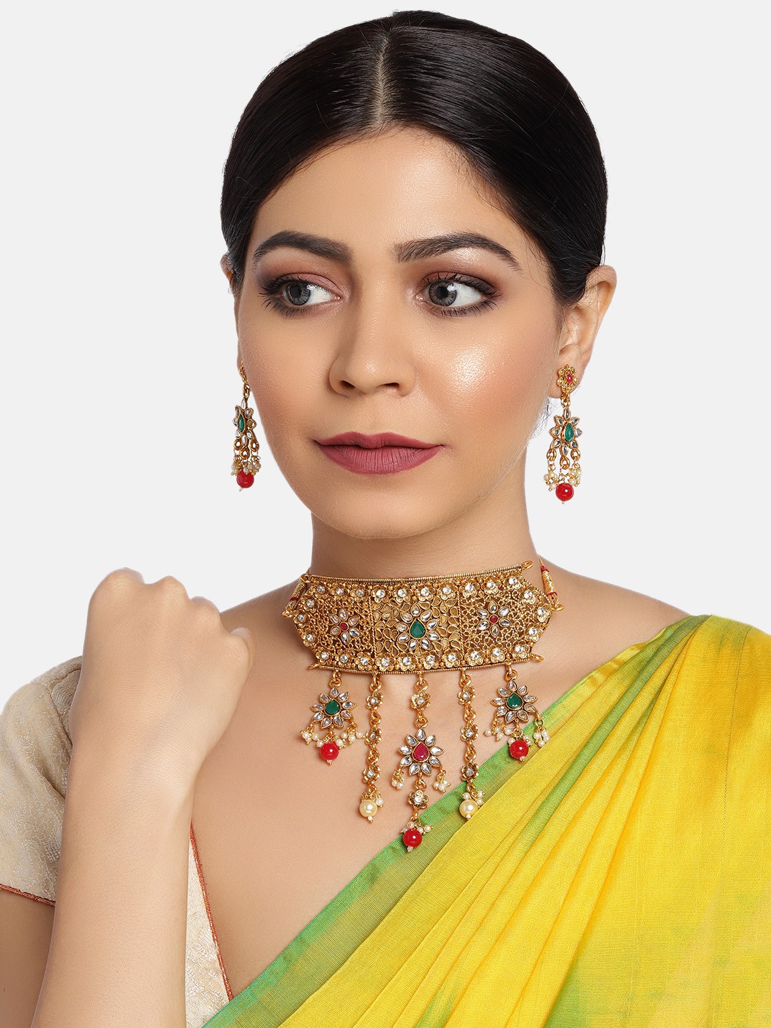 

Zaveri Pearls Green Gold-Plated Studded Choker Necklace Set