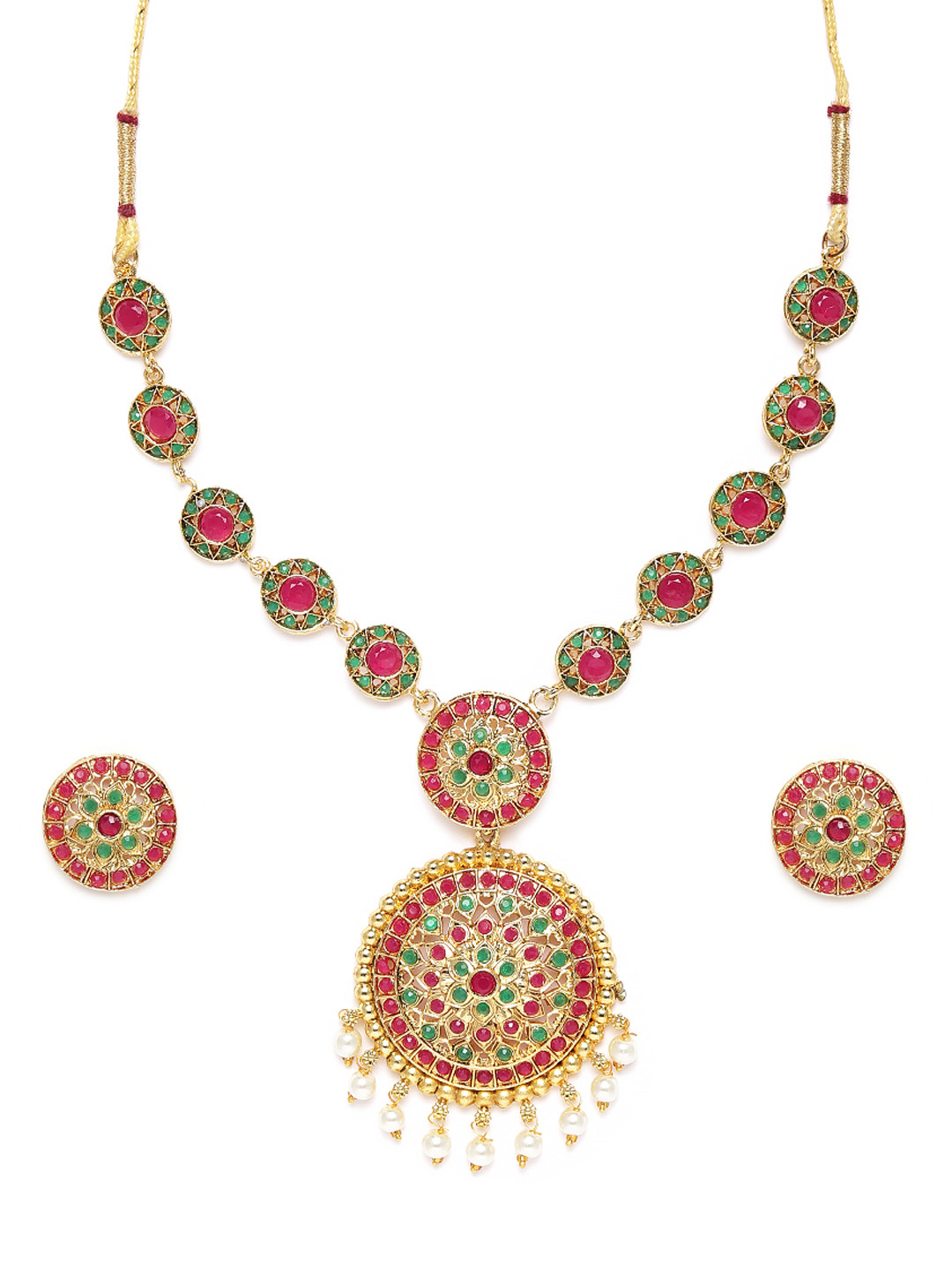 

Zaveri Pearls Green & Pink Gold-Plated South Indian Traditional Style Jewellery Set