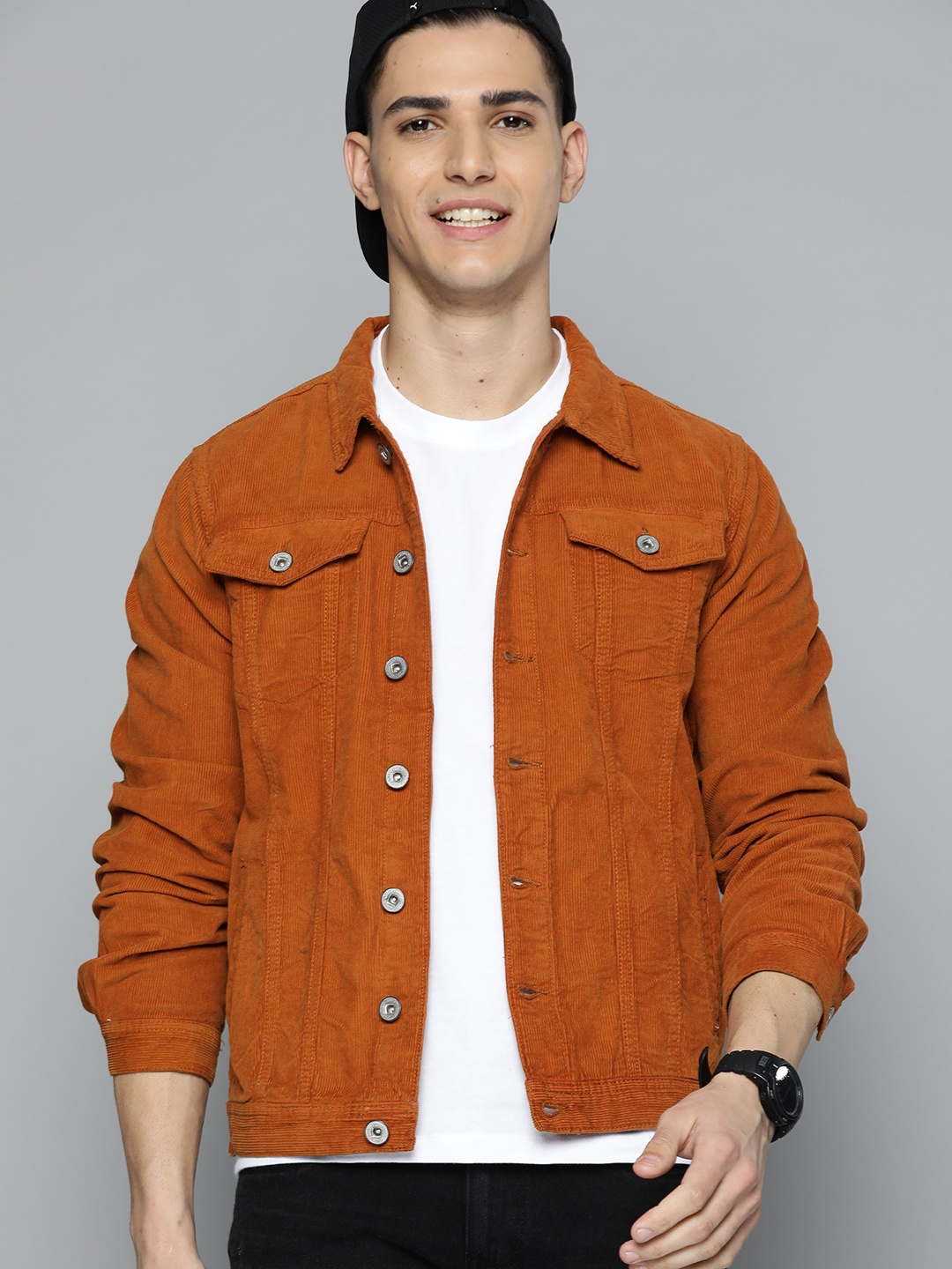 

Mast & Harbour Men Rust Orange Pure Cotton Corduroy Tailored Jacket