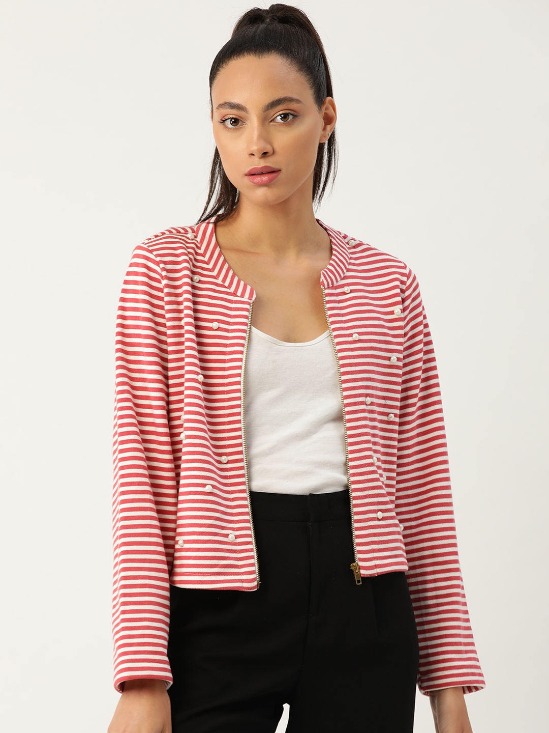 

Antheaa Women Pink & White Striped Tailored Jacket