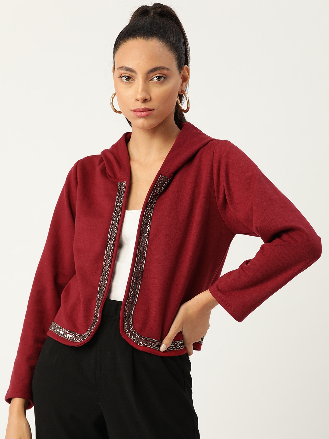 

Antheaa Women Maroon Solid Open Front Jacket