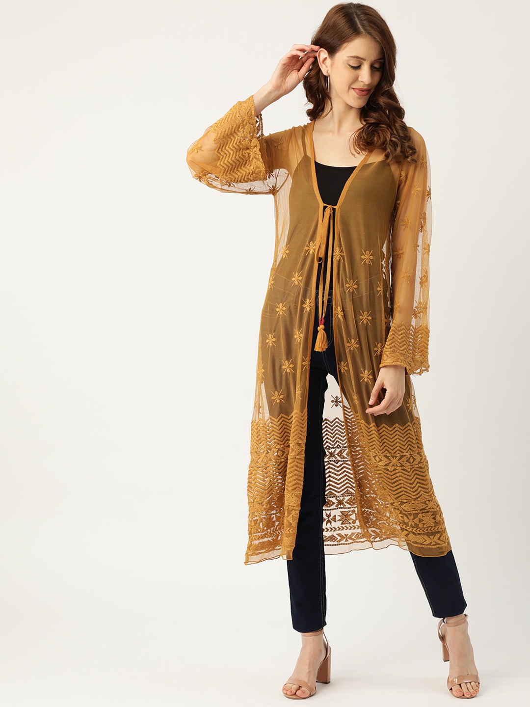 

Antheaa Women Mustard Yellow Embroidered Tie-Up Longline Net Shrug