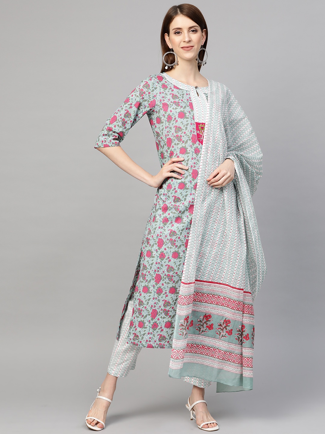 

Sringam Women Green & White Printed Kurta with Trousers & Dupatta