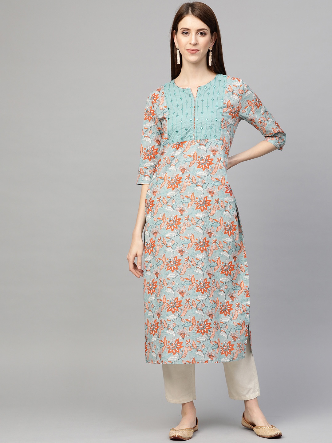 

Sringam Women Blue & Red Floral Printed Mirror Work Straight Kurta