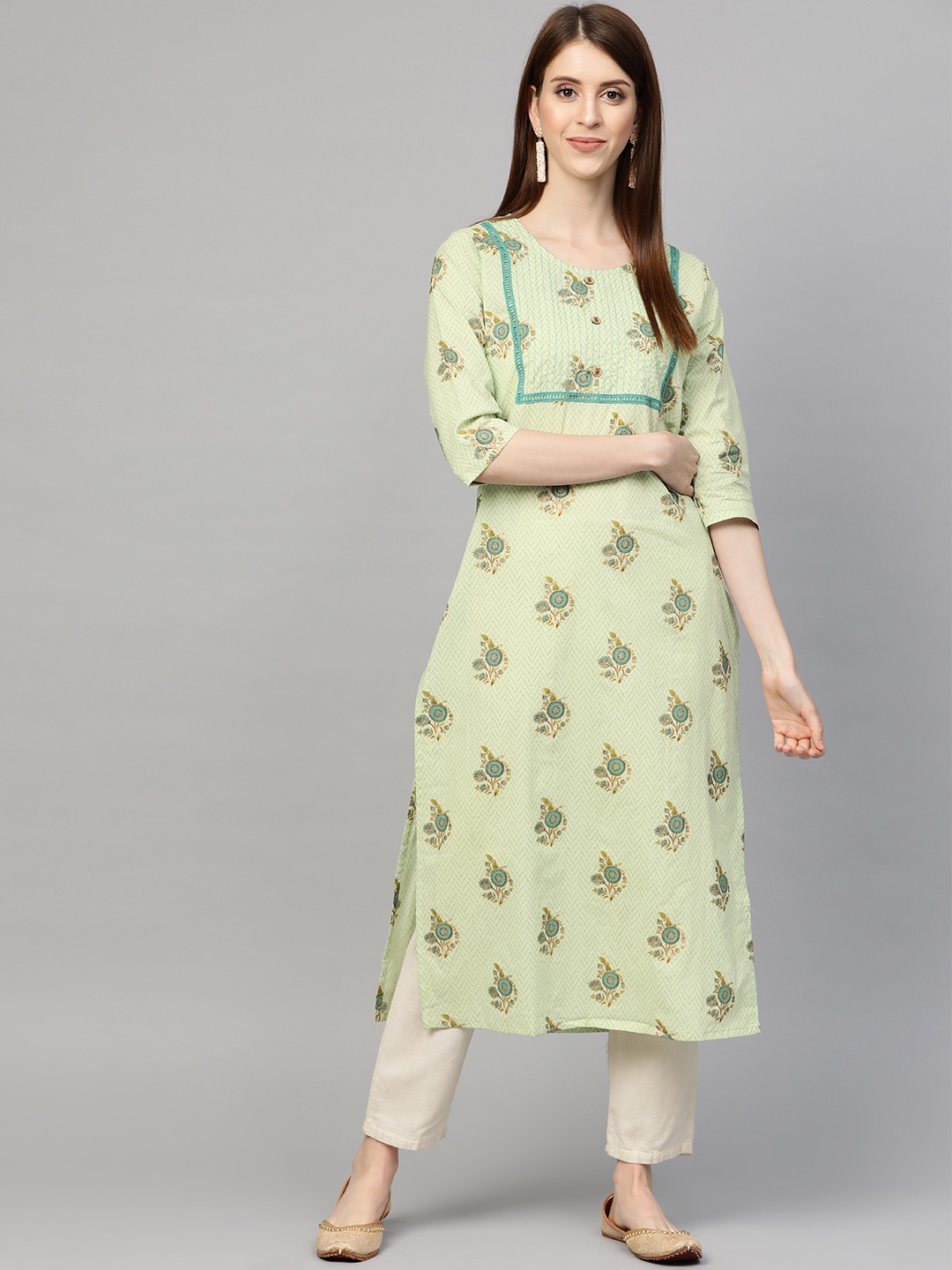 

Sringam Women Green & Mustard Yellow Floral Printed Straight Kurta