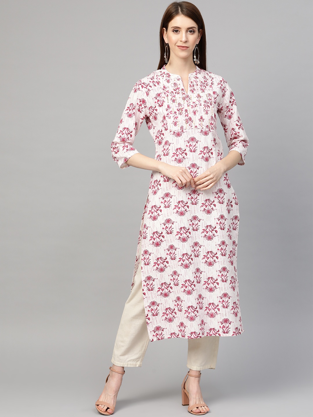 

Sringam Women Off-White & Pink Floral Printed Straight Kurta