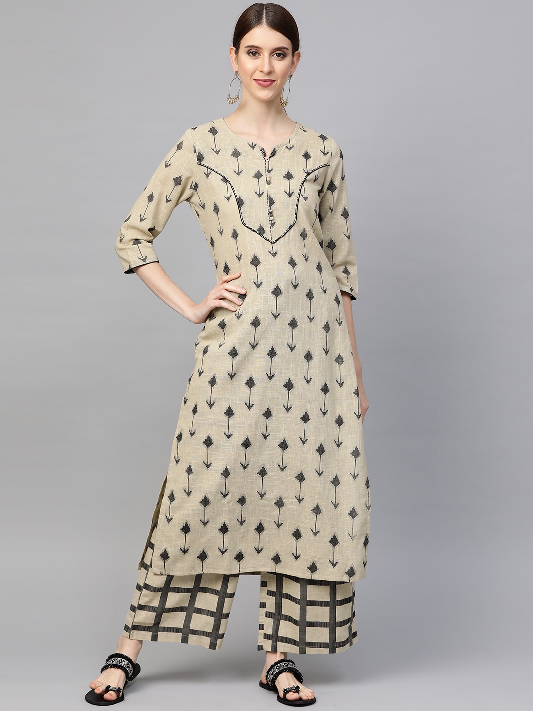 

Sringam Women Beige & Black Printed Kurta with Trousers