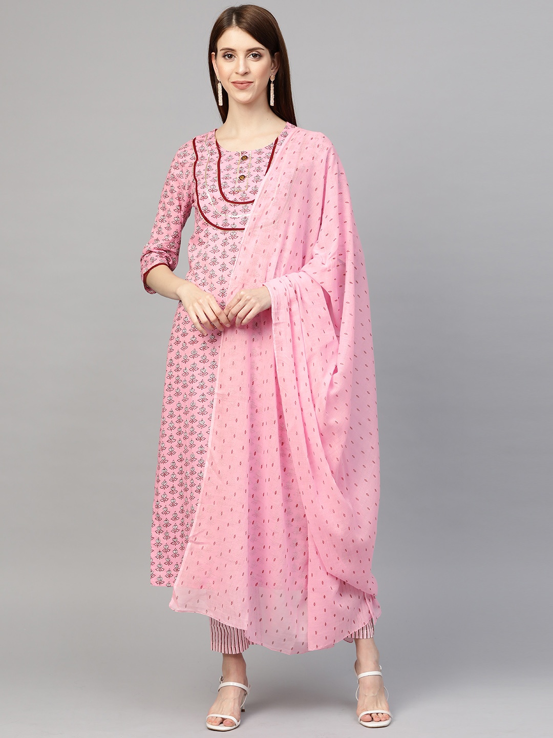 

Sringam Women Pink Printed Kurta with Trousers & Dupatta