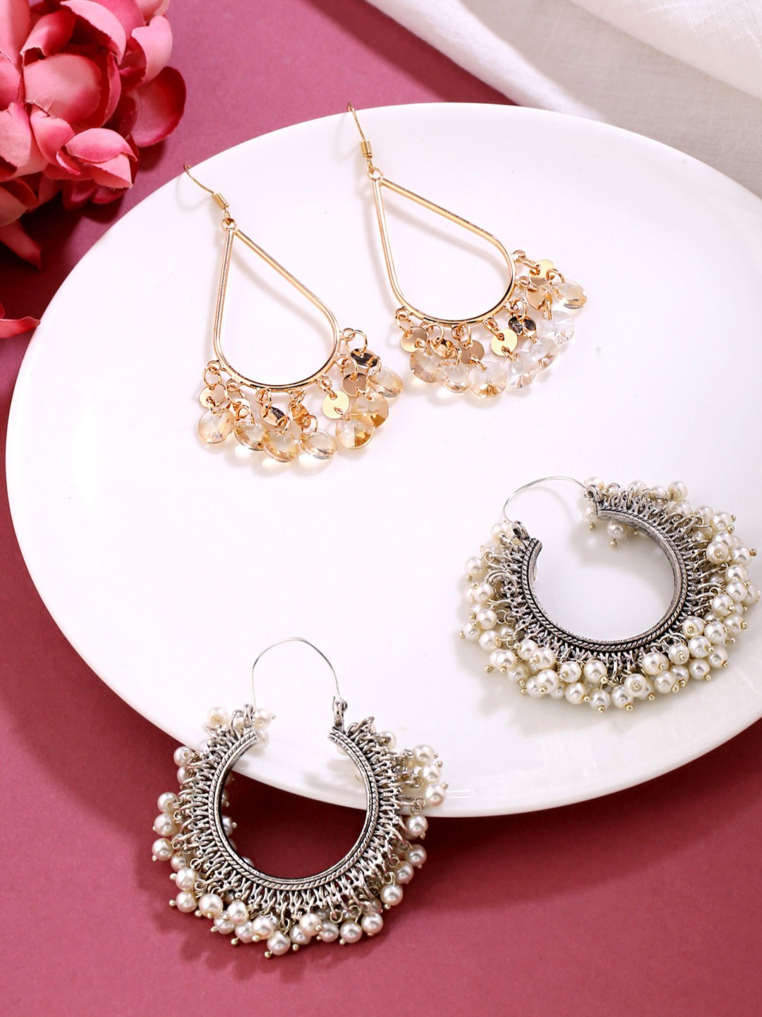 

Yellow Chimes Set Of 2 Gold-Toned & Silver-Toned Oxidised Contemporary Hoop Earrings