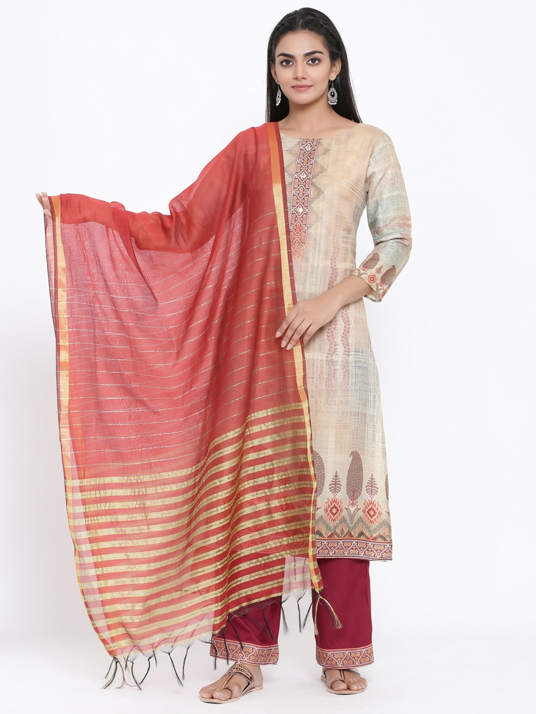 

RANGMAYEE Women Beige & Red Printed Kurta with Palazzos & Dupatta