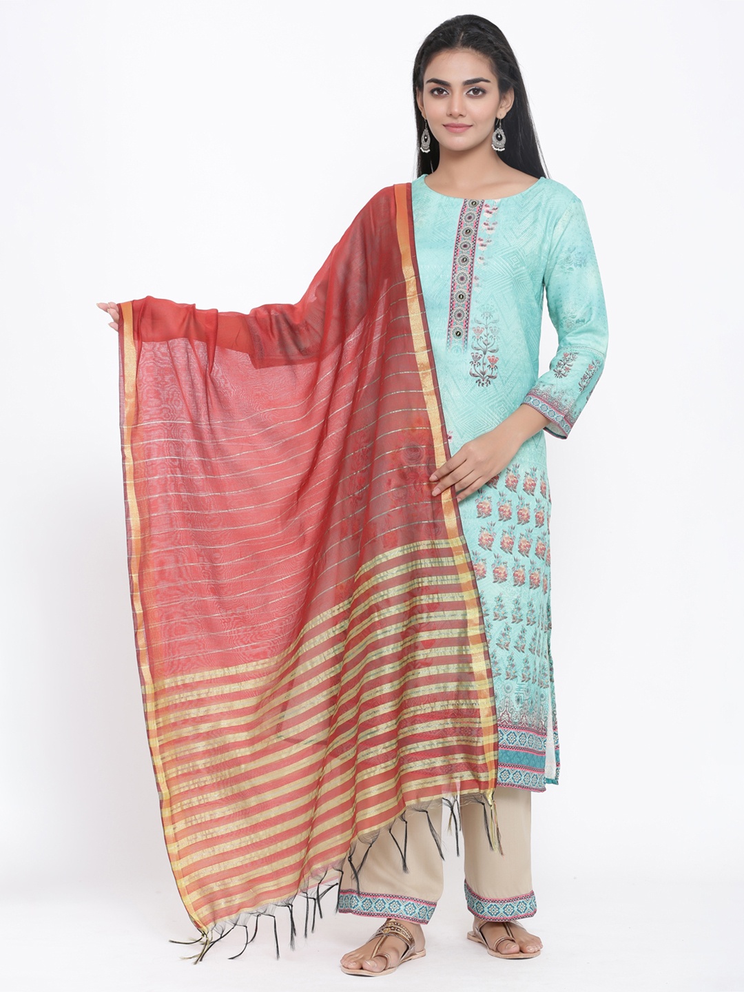 

RANGMAYEE Women Turquoise Blue & Beige Floral Printed Kurta with Palazzos & Dupatta