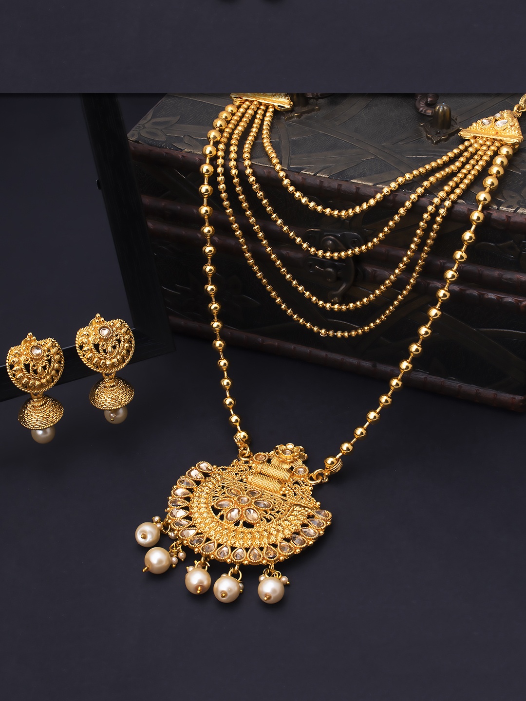 

Sukkhi Gold-Plated & Off-White Pearl Beaded Long Haram Jewellery Set