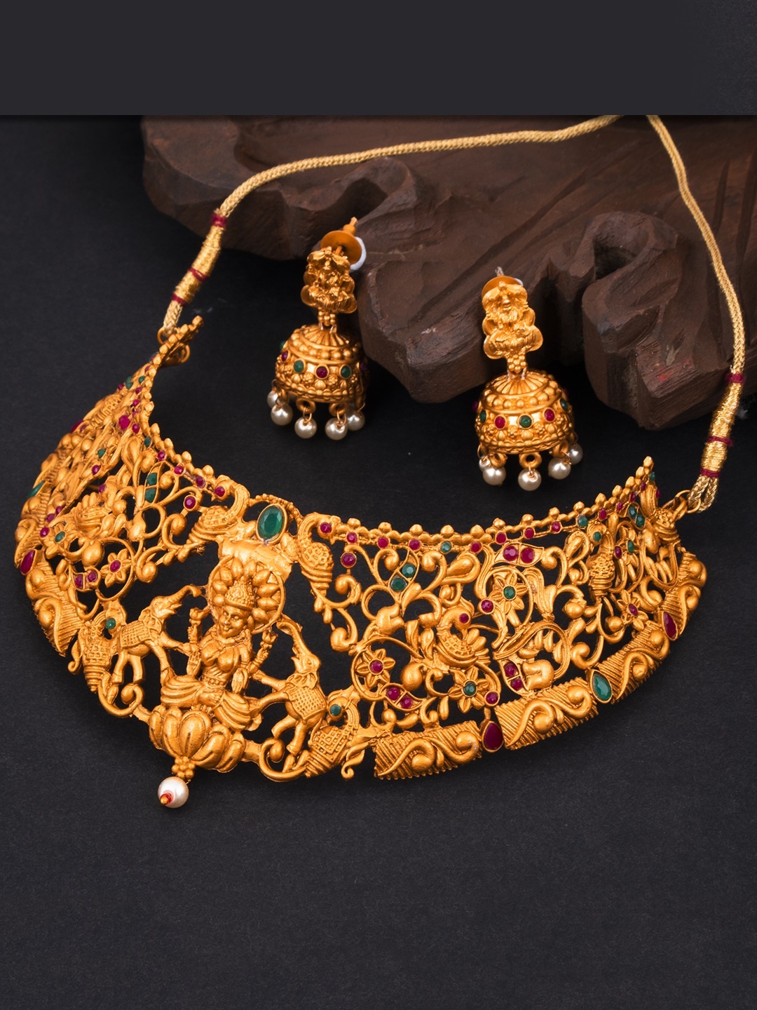 

Sukkhi Gold-Plated Pink & Green Stone-Studded Goddess Laxmi Temple Jewellery Set