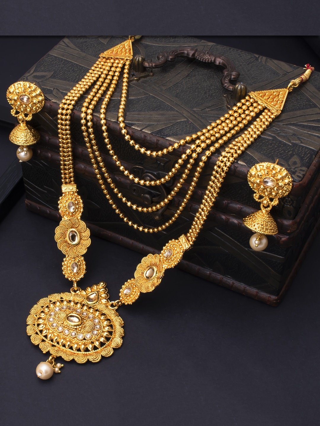 

Sukkhi Gold-Plated White Pearl Beaded Antique Jewellery Set