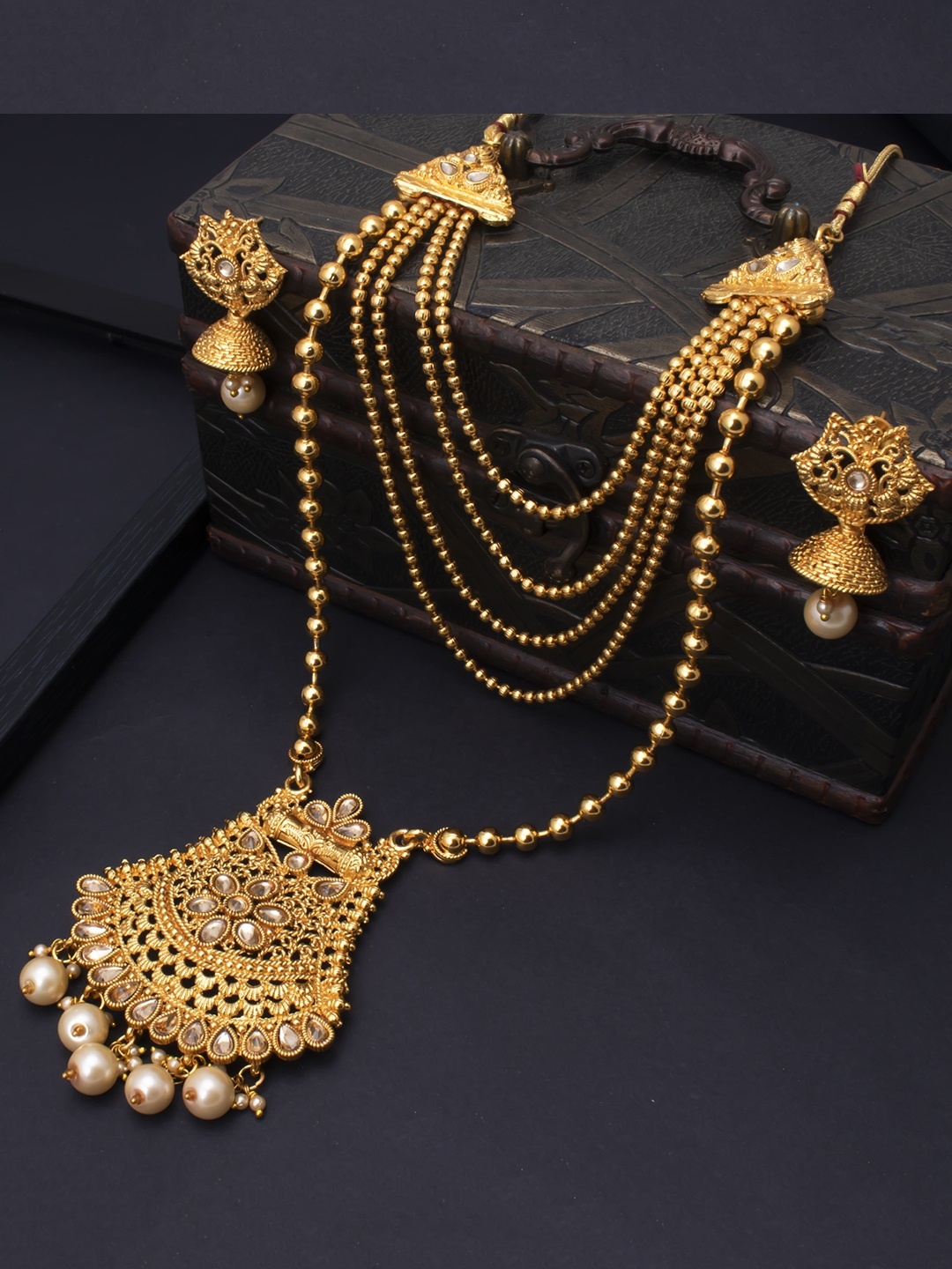 

Sukkhi LCT Gold-Plated & White Pearl Beaded Long Haram Jewellery Set