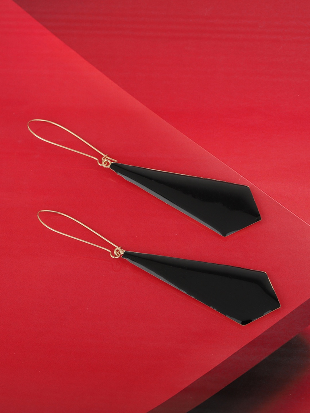 

Carlton London Black Gold-Plated Enamelled Diamond Shaped Drop Earrings