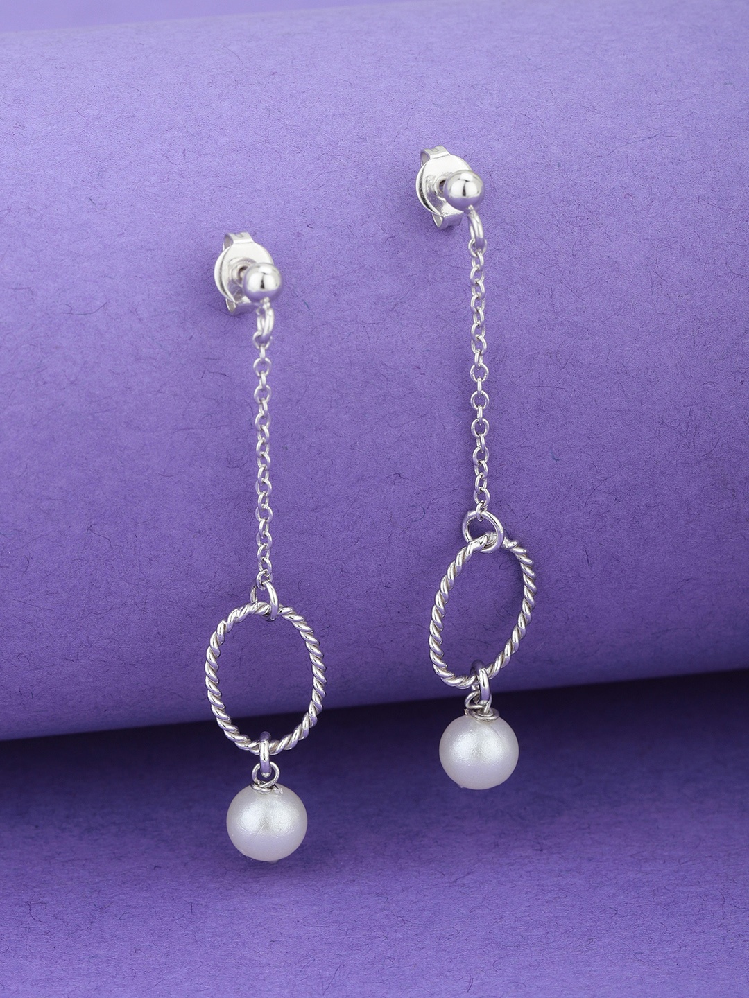 

Carlton London Silver-Toned & White Rhodium-Plated Beaded Oval Drop Earrings