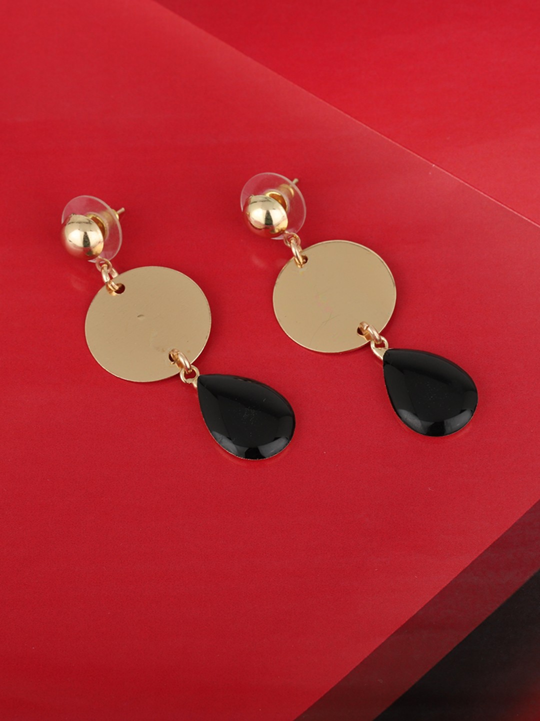 

Carlton London Black Gold-Plated Enamelled Geometric Drop Earrings