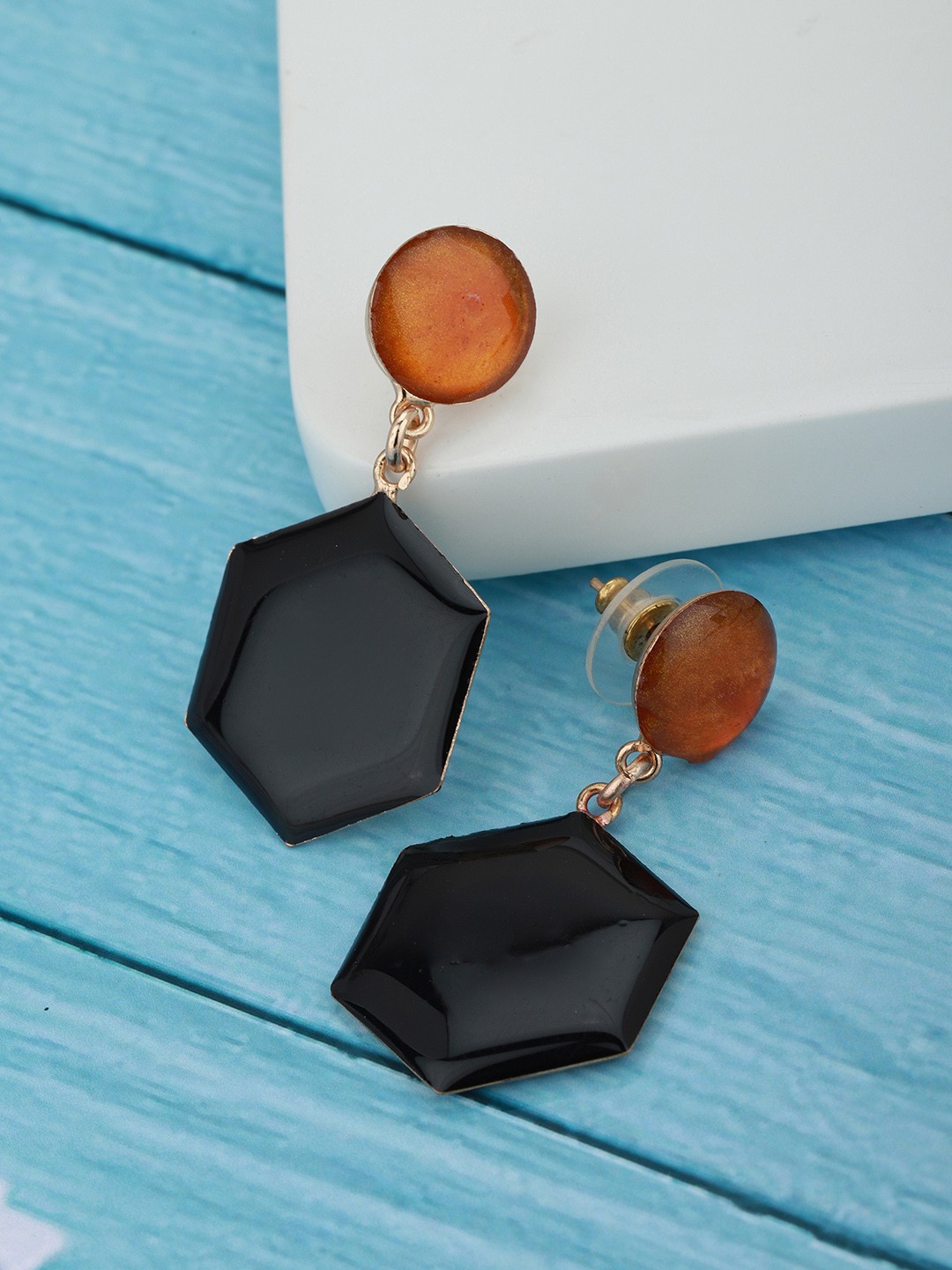 

Carlton London Black & Orange Gold-Plated Geometric Drop Earrings