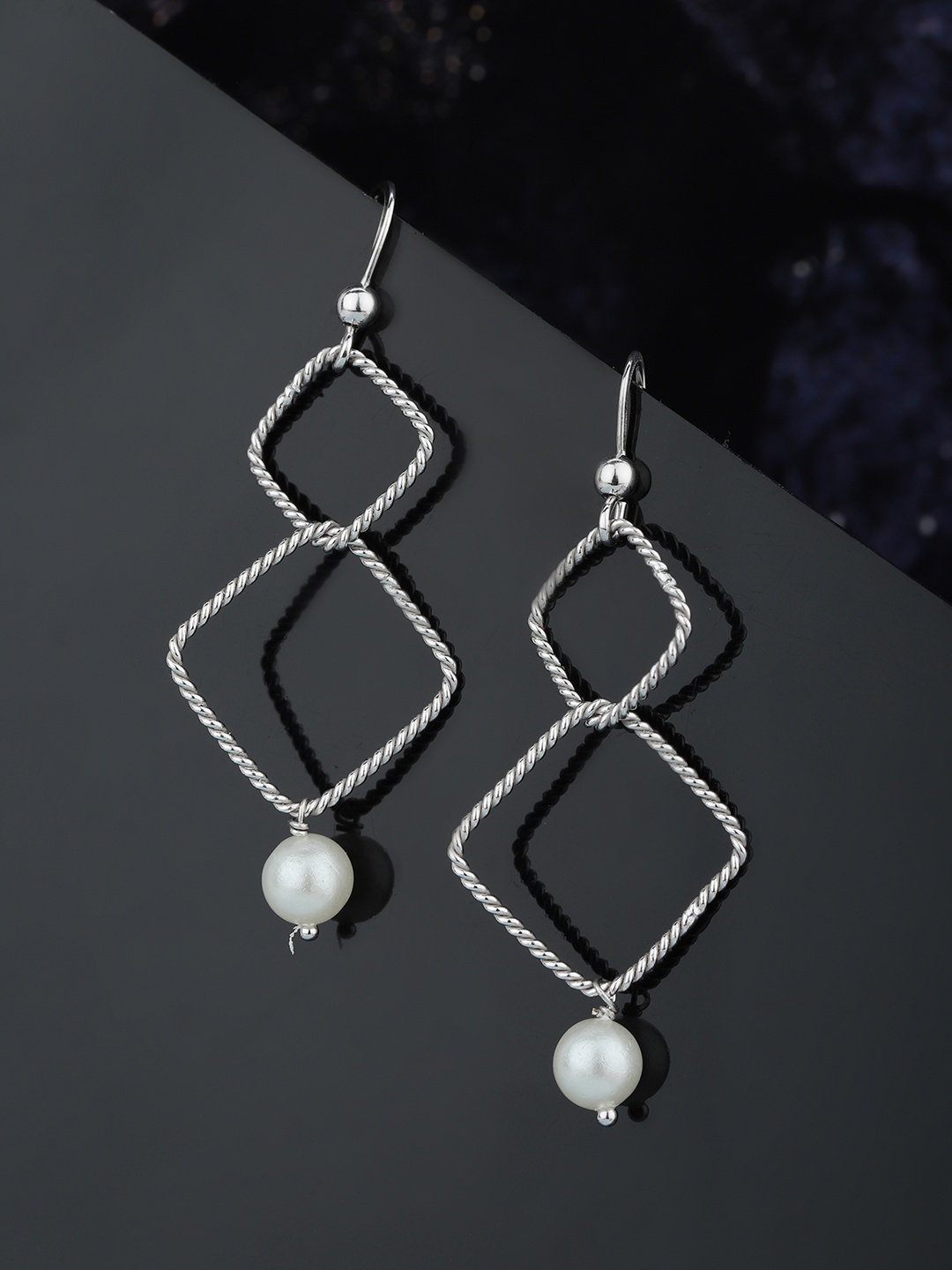 

Carlton London Silver-Toned & White Rhodium-Plated Beaded Diamond Shaped Drop Earrings