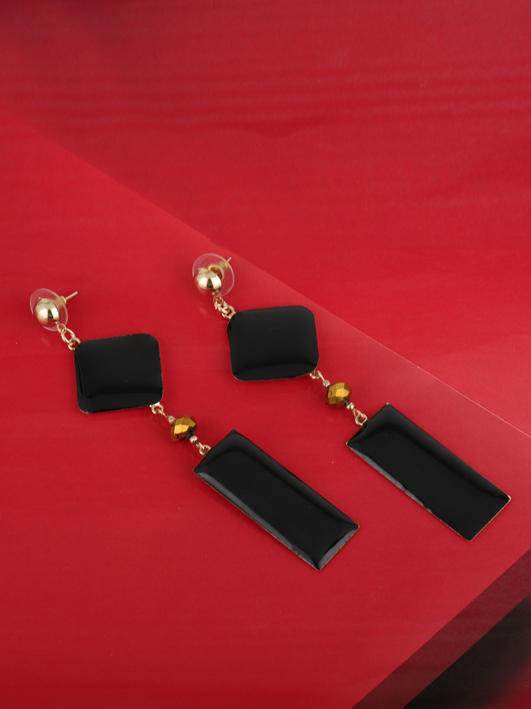 

Carlton London Black Gold-Plated Enamelled & Beaded Geometric Drop Earrings