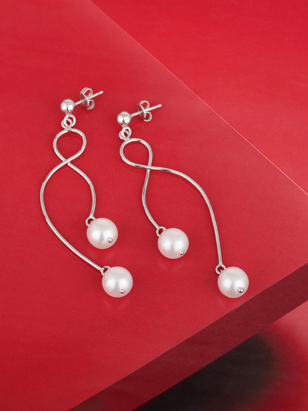 

Carlton London Silver-Toned & White Rhodium-Plated Beaded Contemporary Drop Earrings