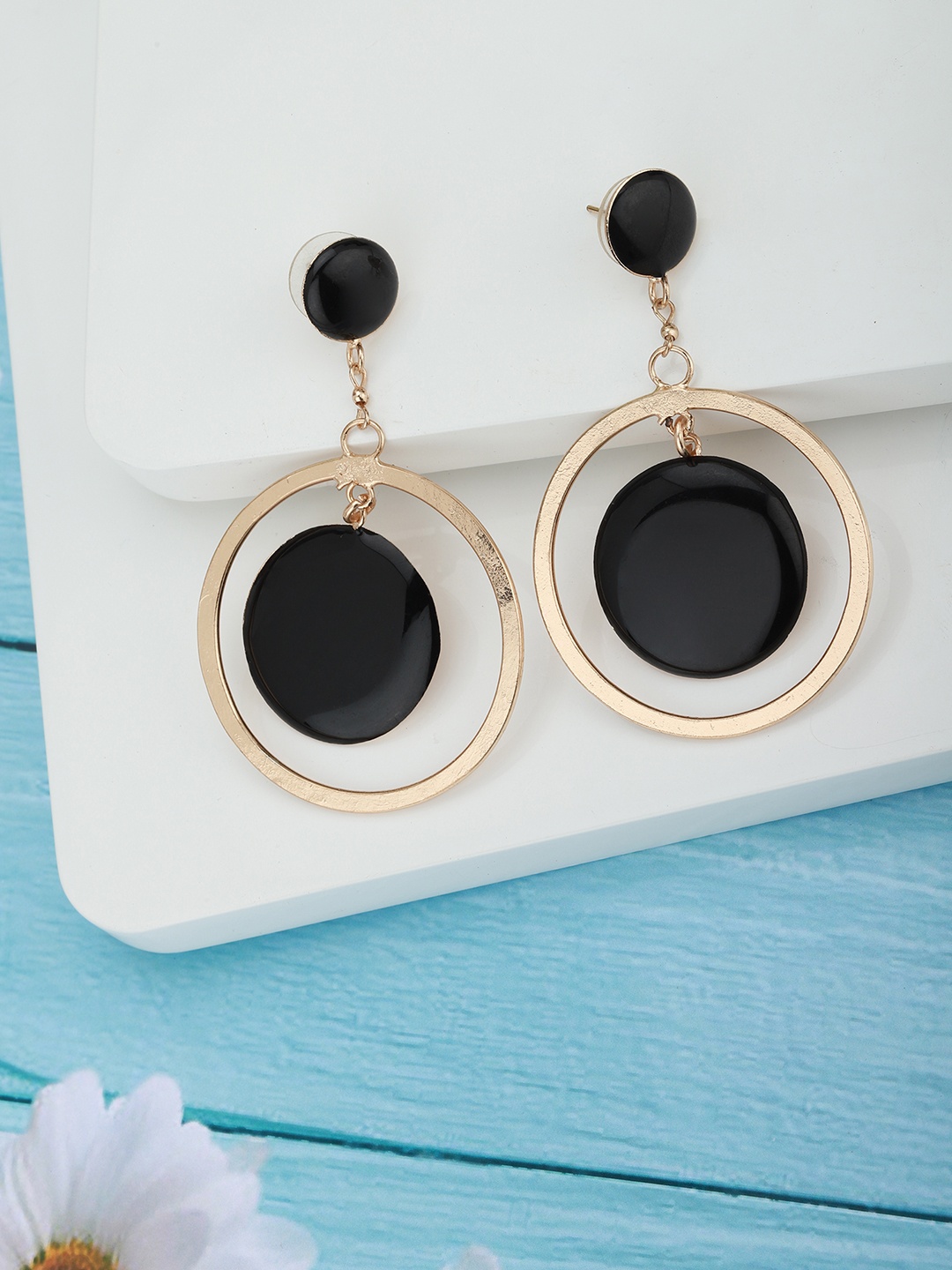 

Carlton London Black Gold-Plated Enamelled Circular Shaped Drop Earrings