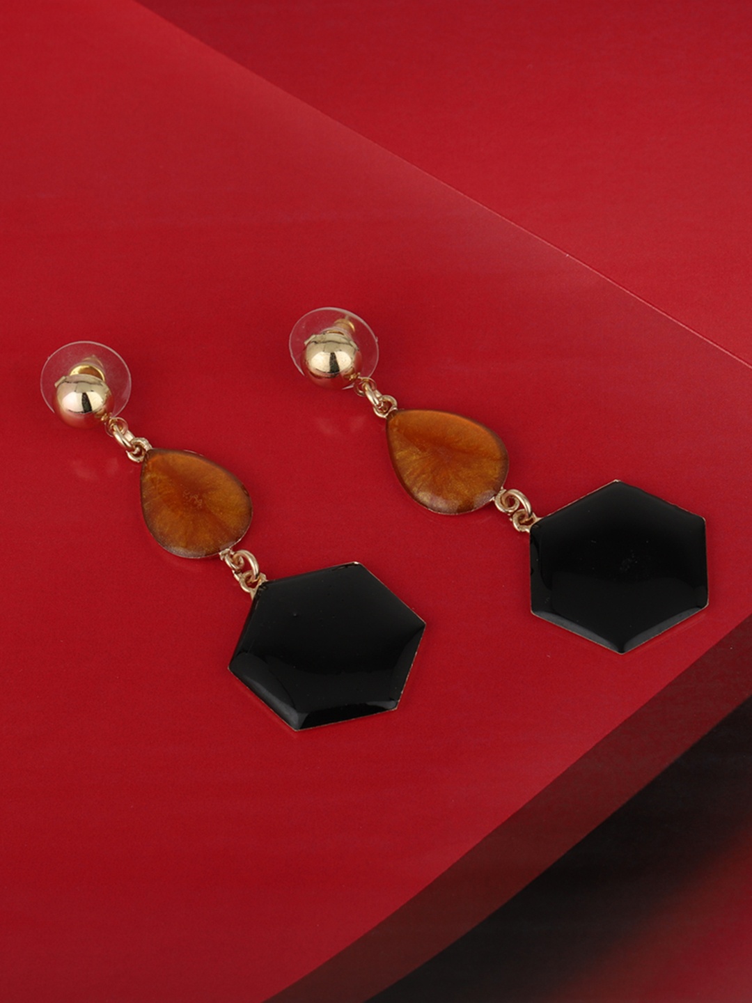 

Carlton London Orange & Black Gold-Plated Enamelled Contemporary Drop Earrings