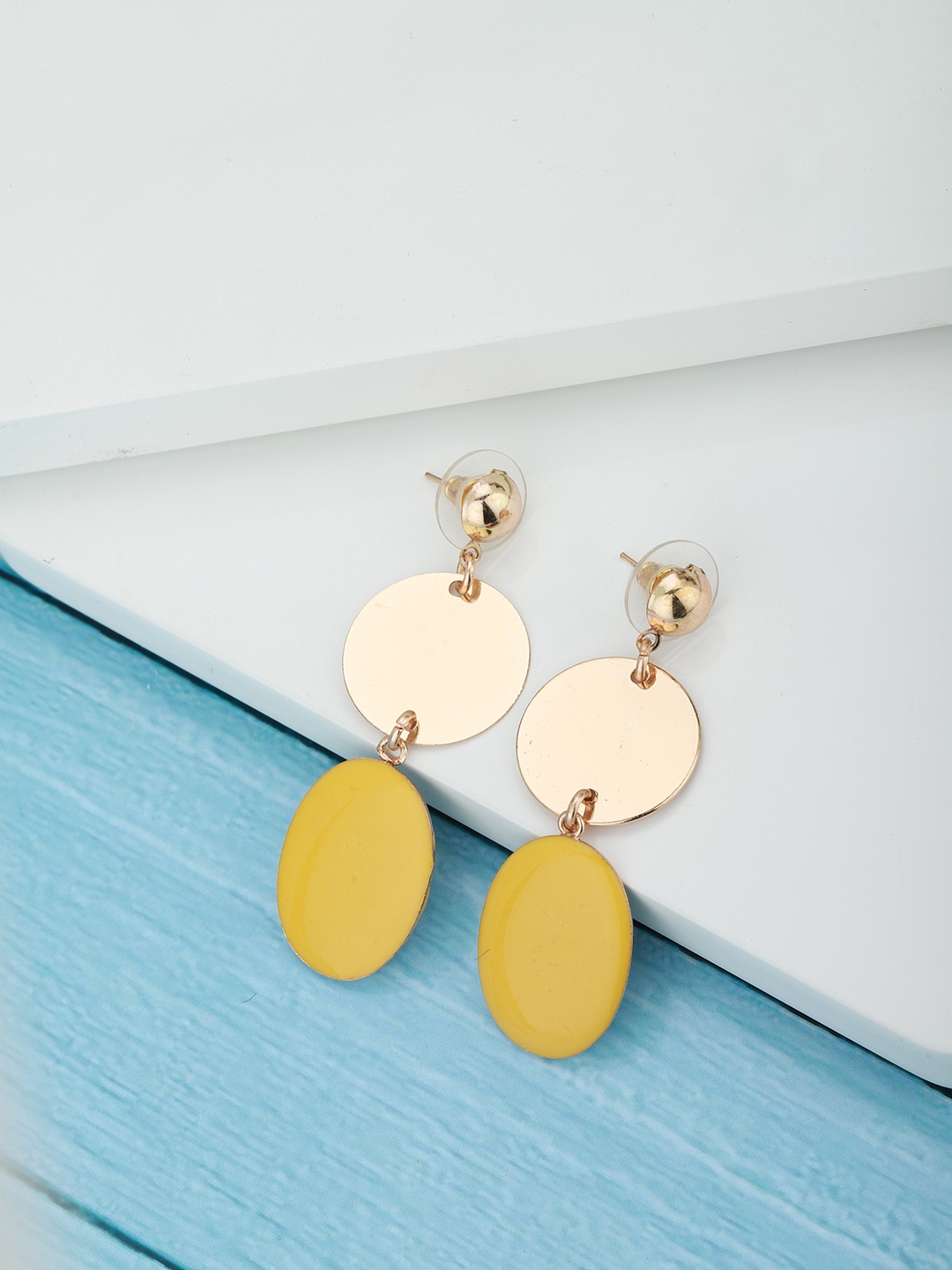 

Carlton London Yellow Rose Gold-Plated Enamelled Geometric Drop Earrings