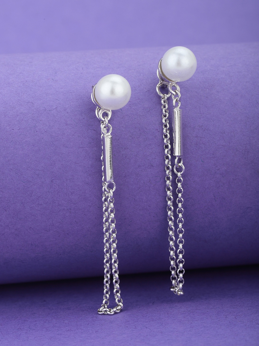 

Carlton London Silver-Toned & White Rhodium-Plated Beaded Spherical Chain Drop Earrings