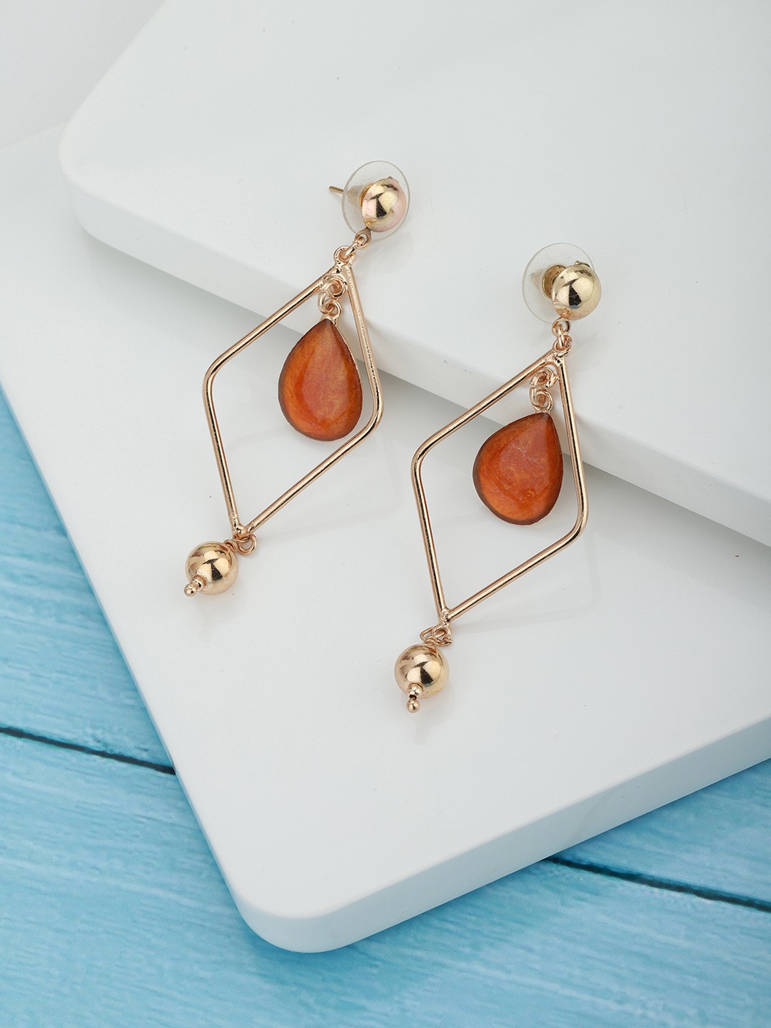 

Carlton London Orange Gold-Plated Beaded Diamond Shaped Drop Earrings
