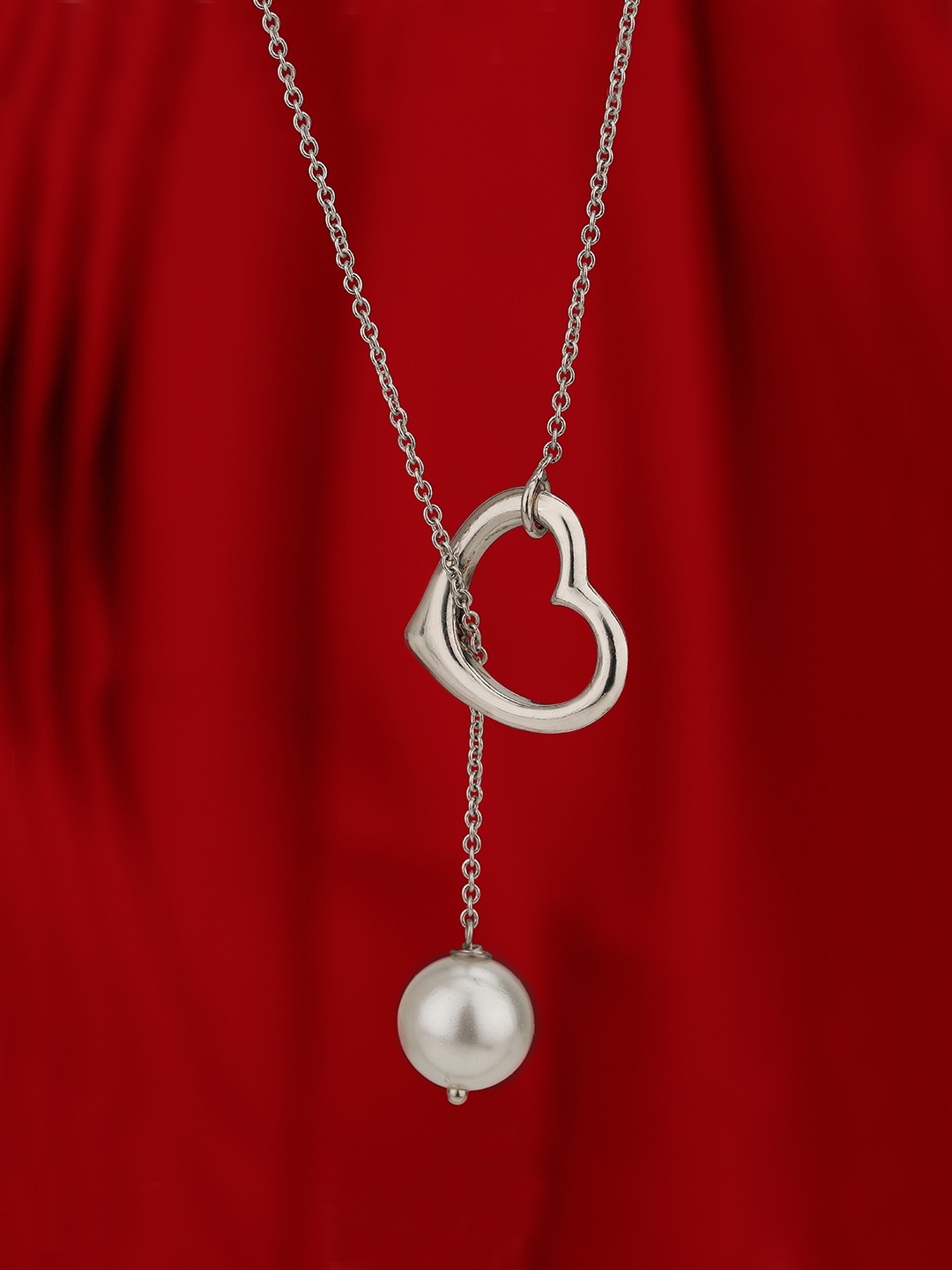 

Carlton London Silver-Toned & White Rhodium-Plated Beaded Heart Shaped Necklace