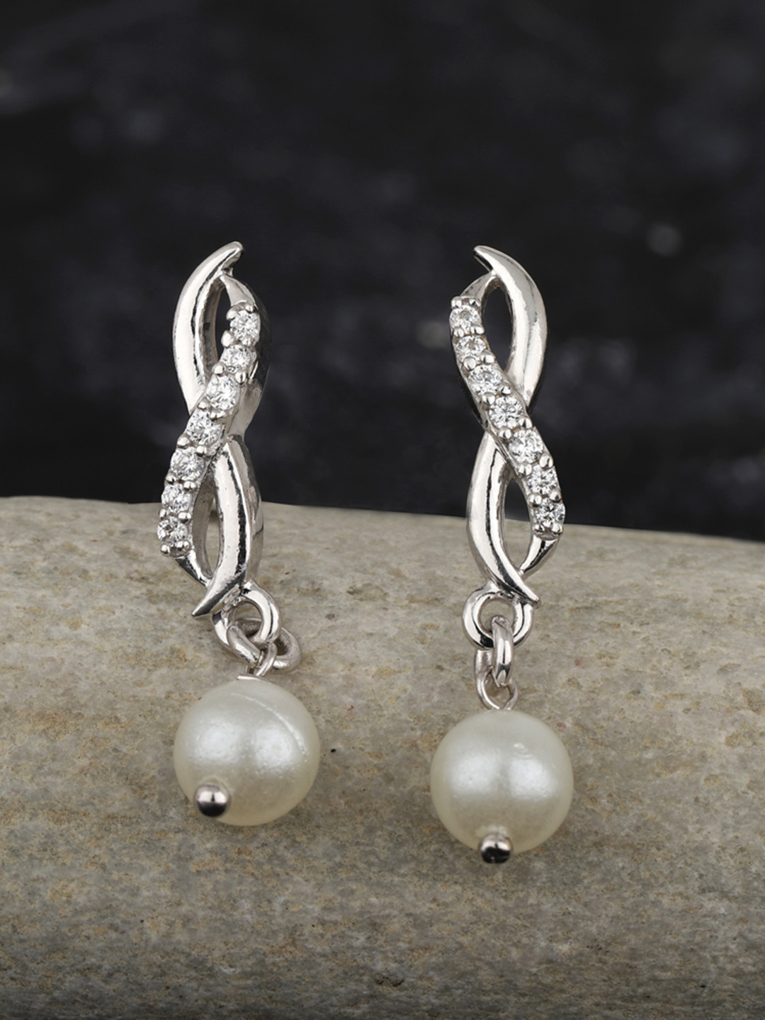 

Carlton London Silver-Toned & White Rhodium-Plated Beaded Contemporary Drop Earrings