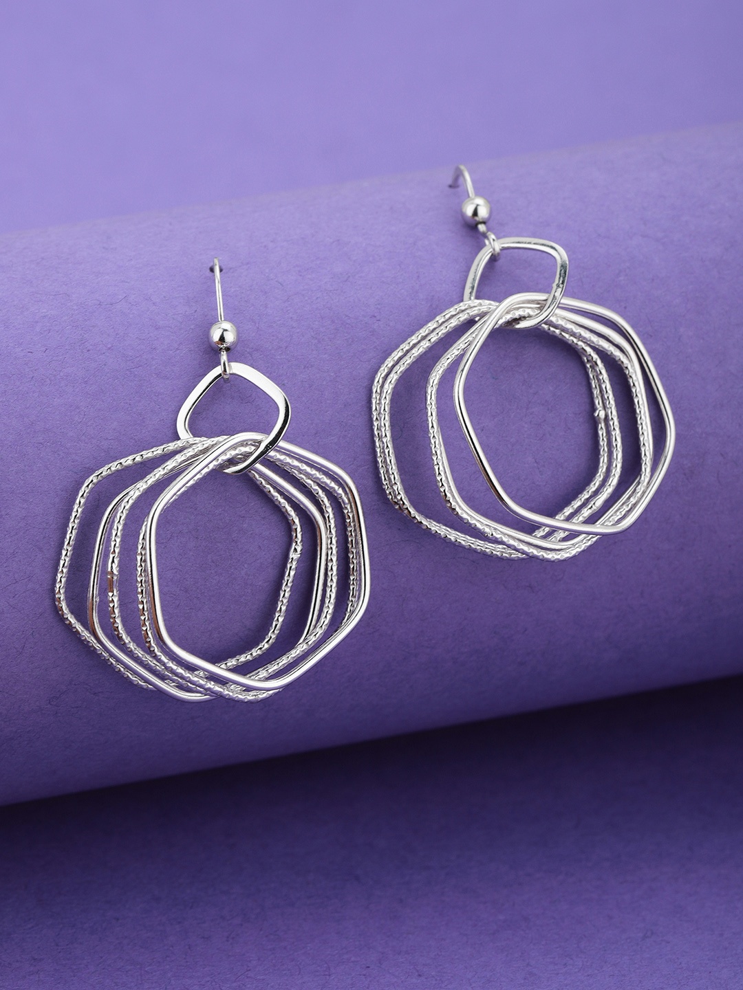 

Carlton London Silver-Toned Rhodium-Plated Geometric Shaped Drop Earrings