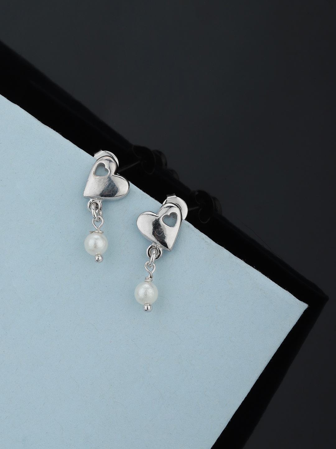 

Carlton London Silver & White Rhodium Plated Heart Shaped Beaded Drop Earrings