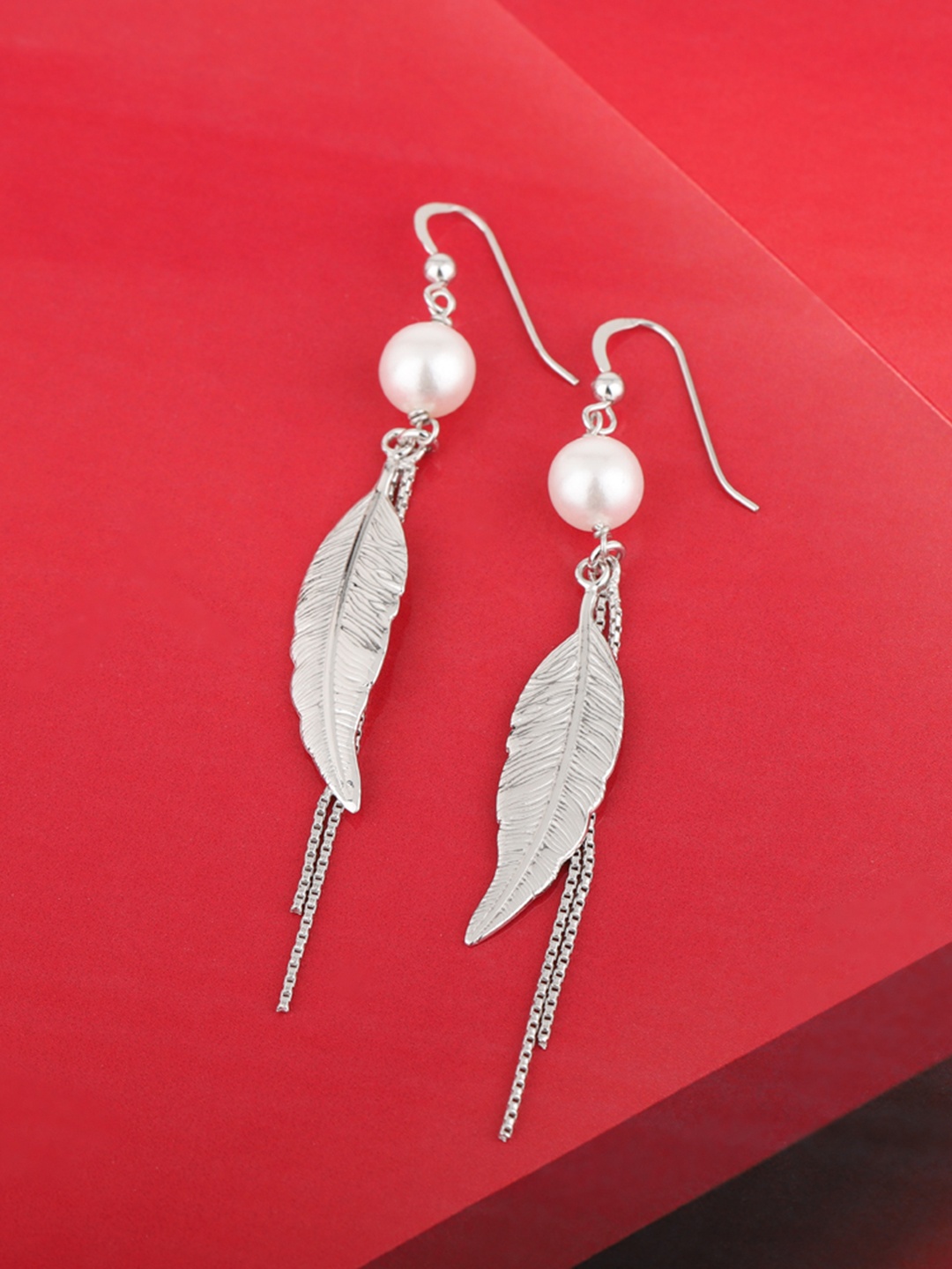 

Carlton London Silver & White Rhodium Plated Leaf Shaped Beaded Drop Earrings