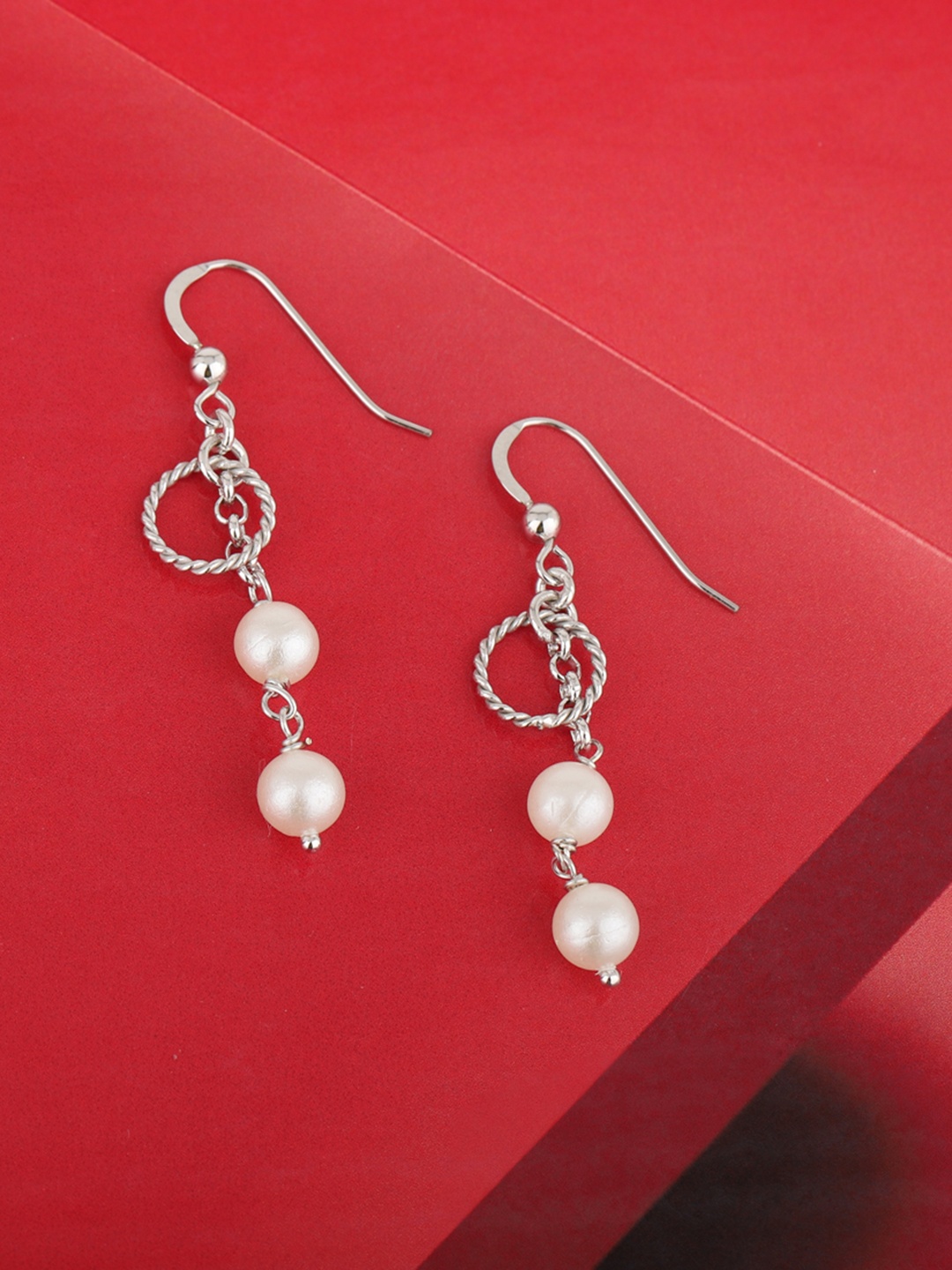 

Carlton London Silver-Toned & White Rhodium-Plated Beaded Contemporary Drop Earrings