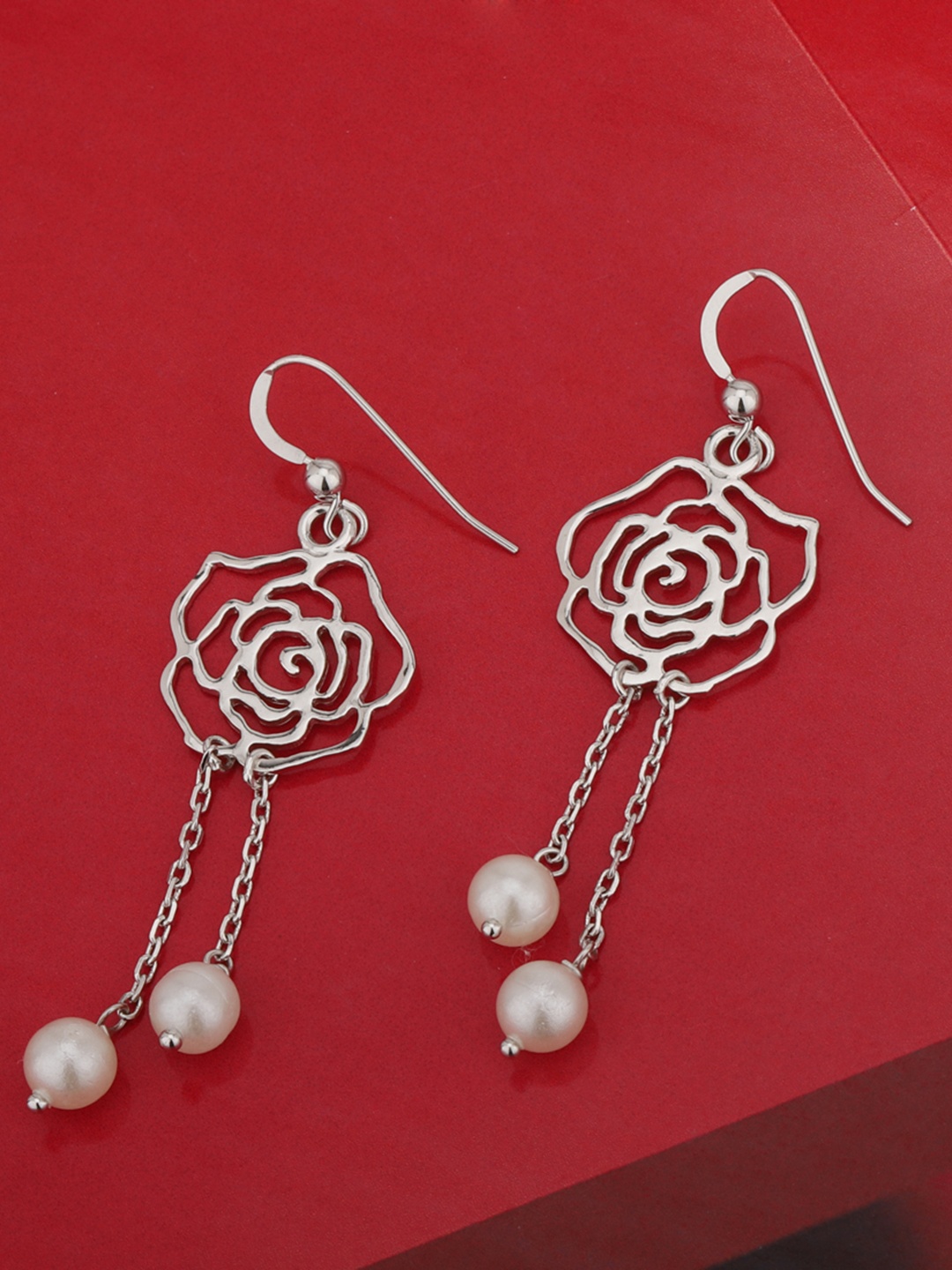 

Carlton London Silver-Toned & White Rhodium-Plated Beaded Floral Drop Earrings