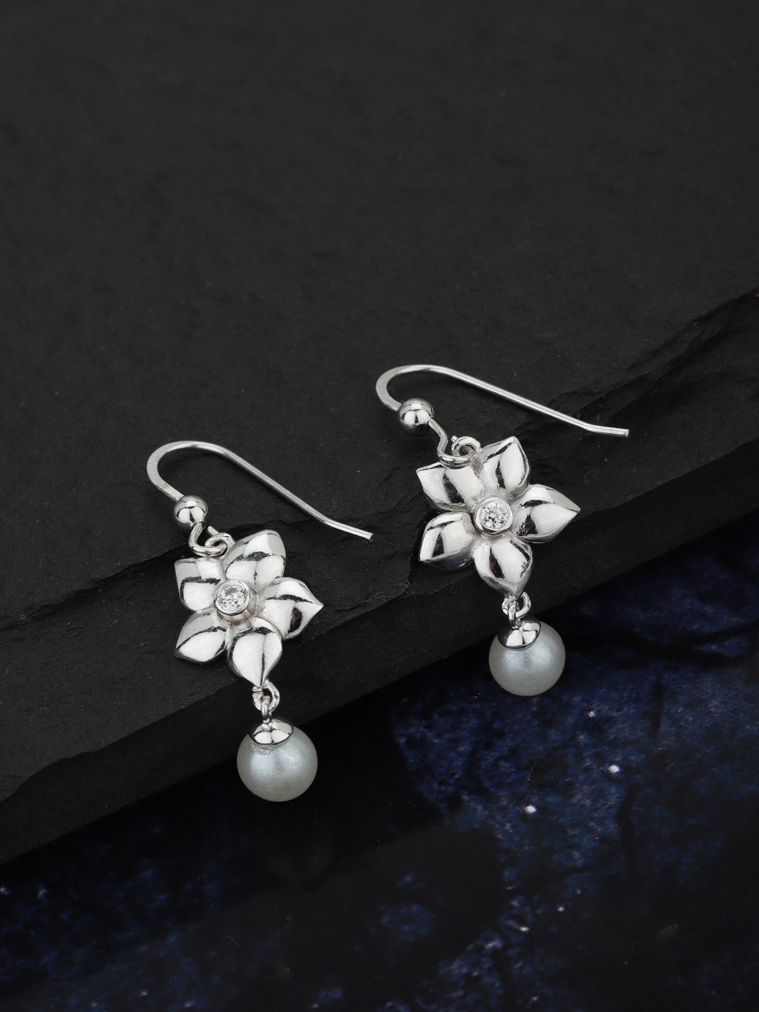 

Carlton London Silver-Toned & White Rhodium-Plated Beaded Floral Drop Earrings