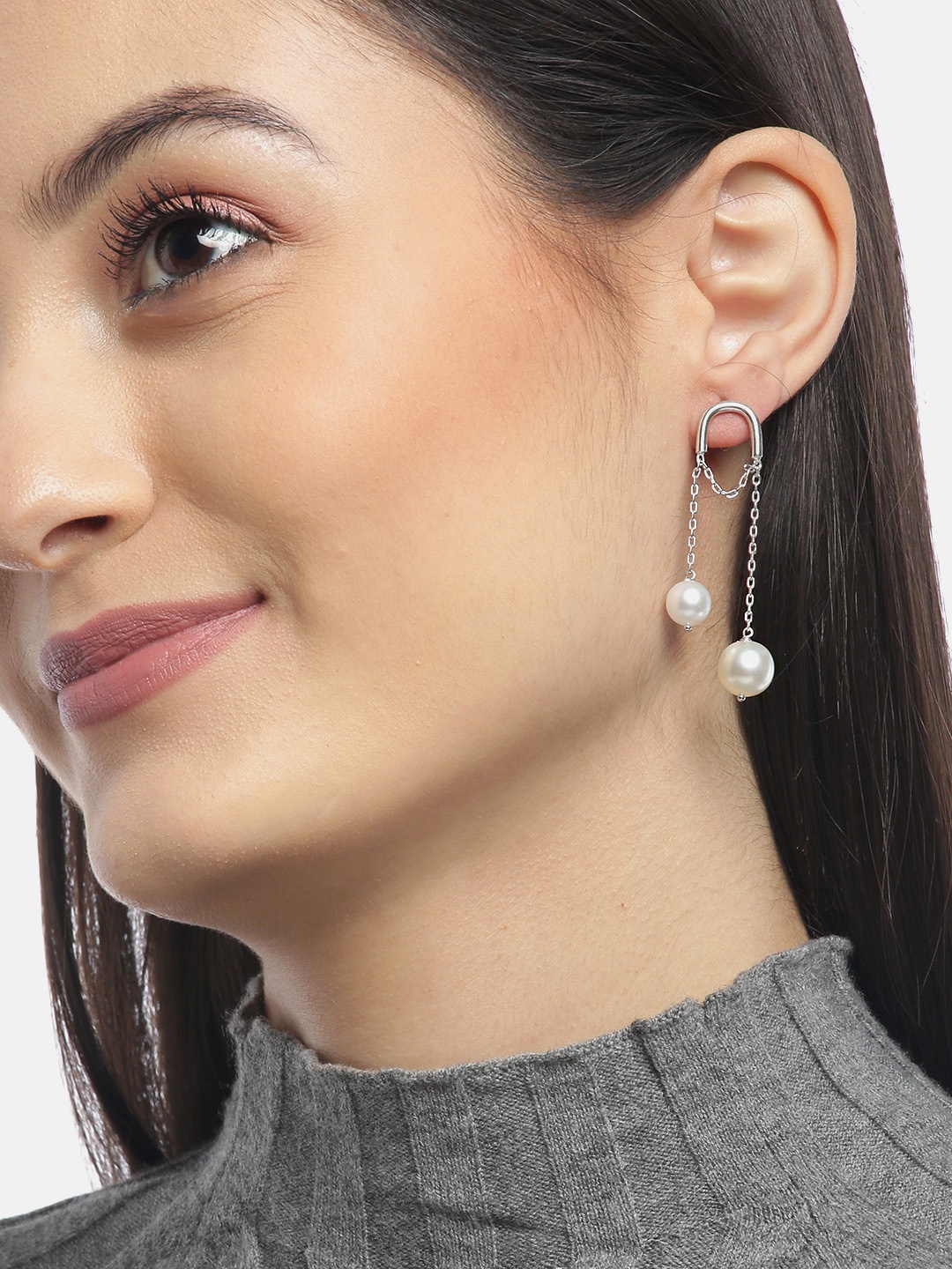 

Carlton London Silver-Toned & White Rhodium-Plated Beaded Contemporary Drop Earrings