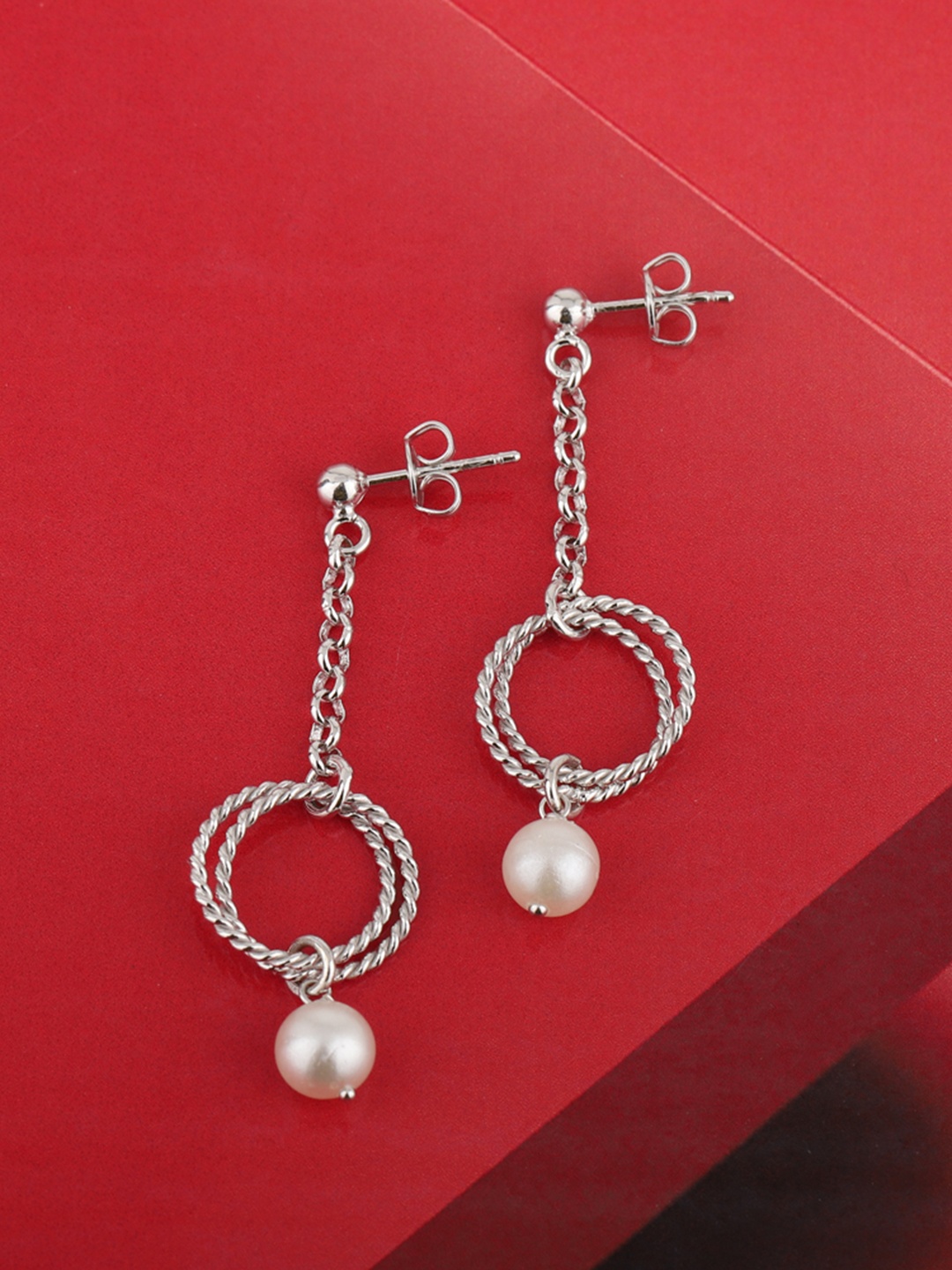 

Carlton London Silver-Toned & White Rhodium-Plated Beaded Contemporary Drop Earrings