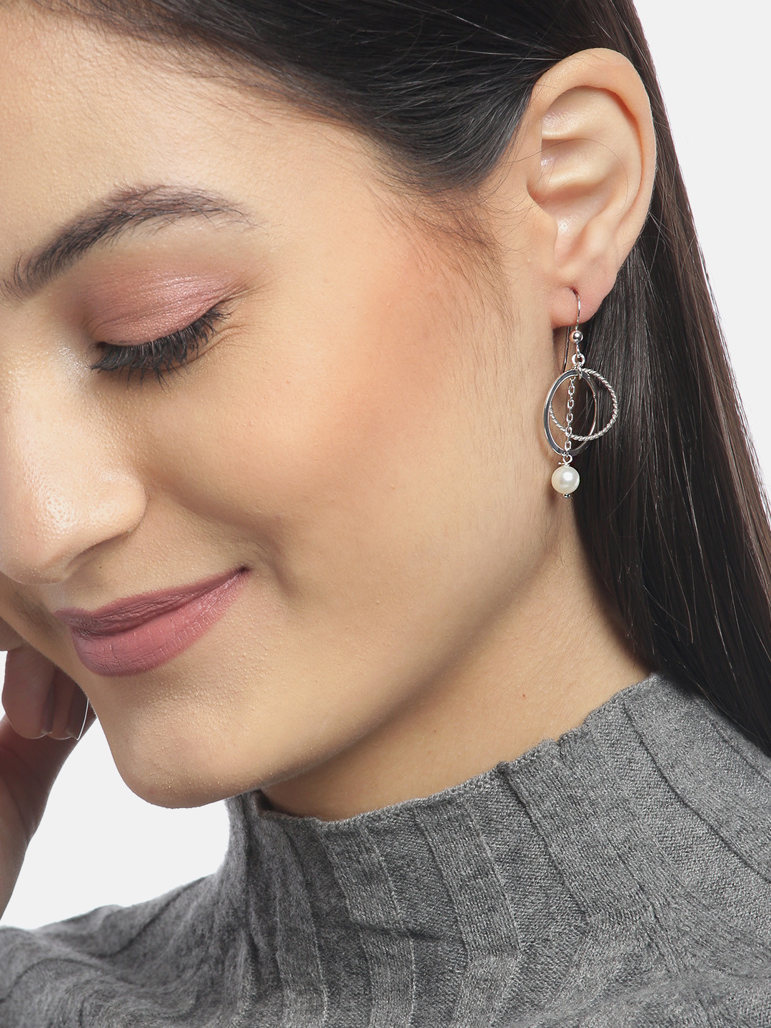 

Carlton London Silver-Toned & White Rhodium-Plated Beaded Contemporary Drop Earrings