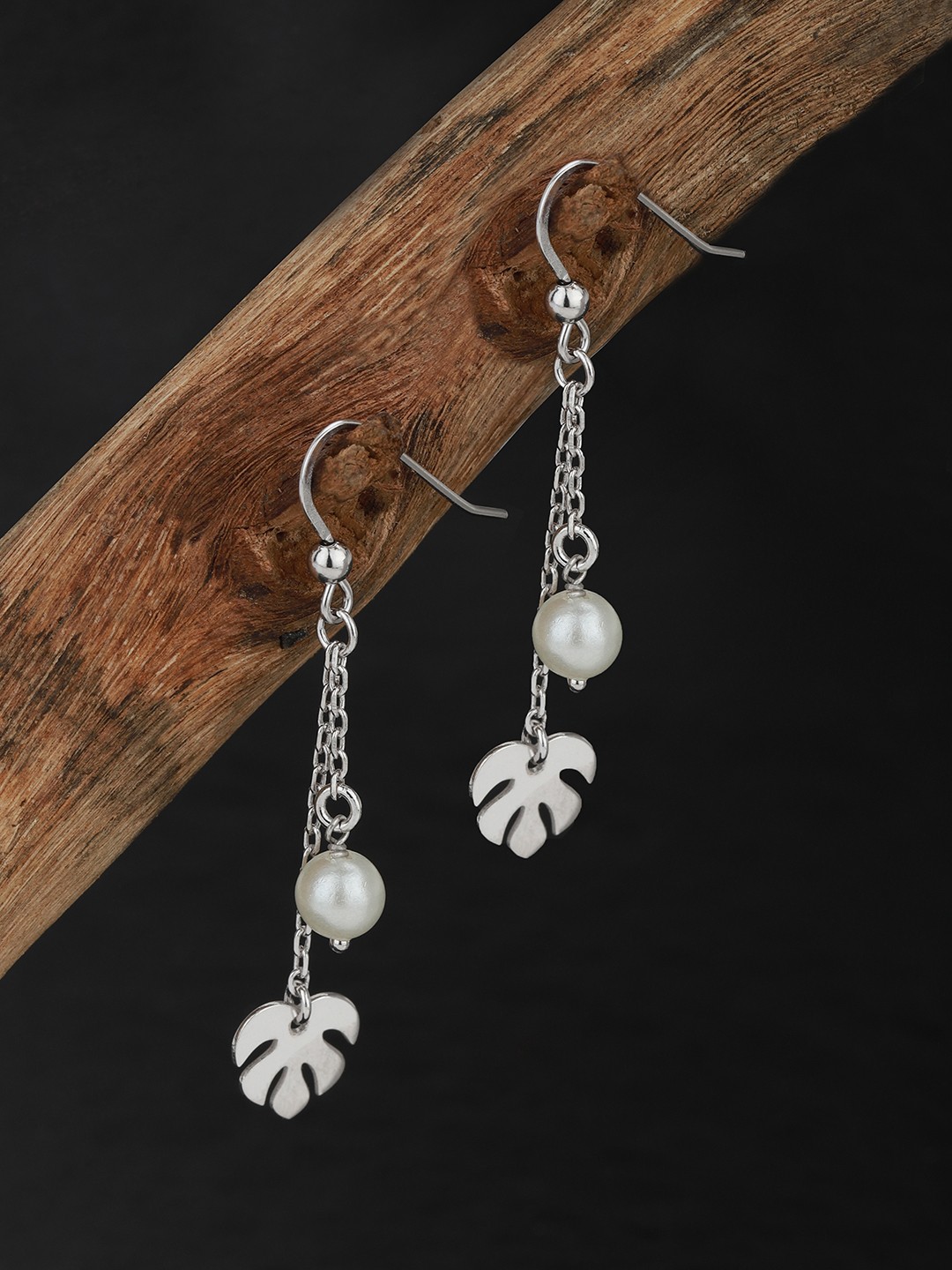 

Carlton London Silver-Toned & White Rhodium-Plated Beaded Leaf Shaped Drop Earrings