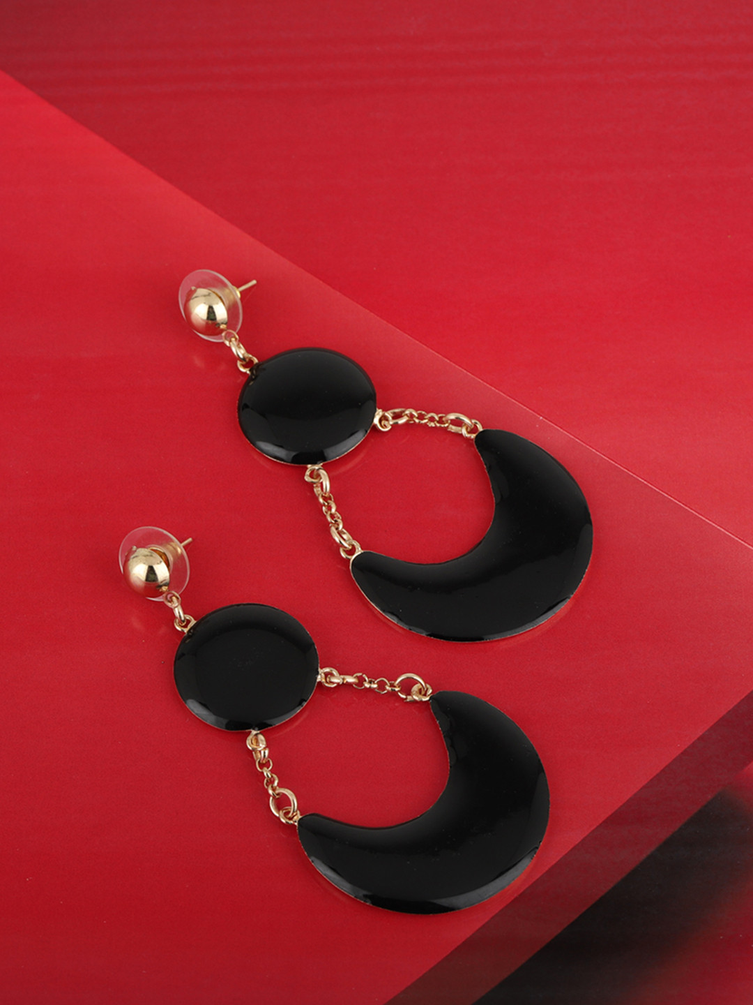 

Carlton London Black Gold-Plated Enamelled Contemporary Drop Earrings