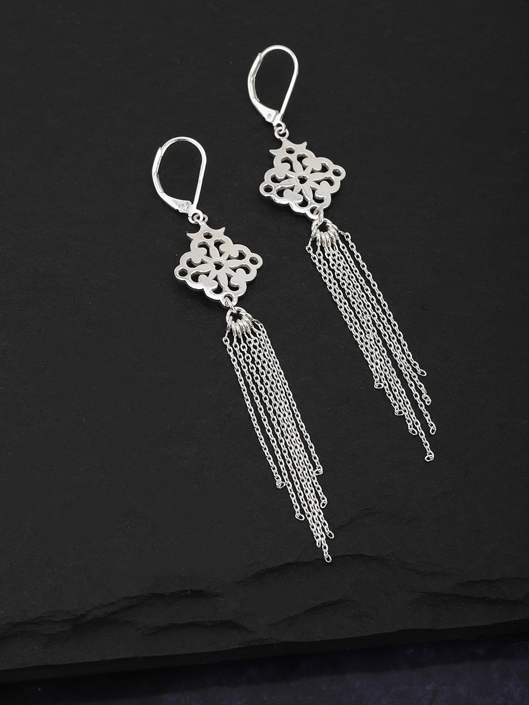 

Carlton London Silver-Toned Rhodium-Plated Tasselled Contemporary Drop Earrings