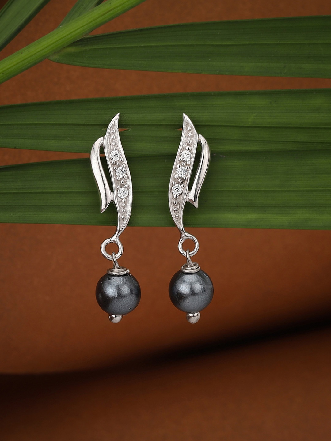 

Carlton London Silver-Toned Rhodium-Plated Stone-Studded & Beaded Drop Earrings