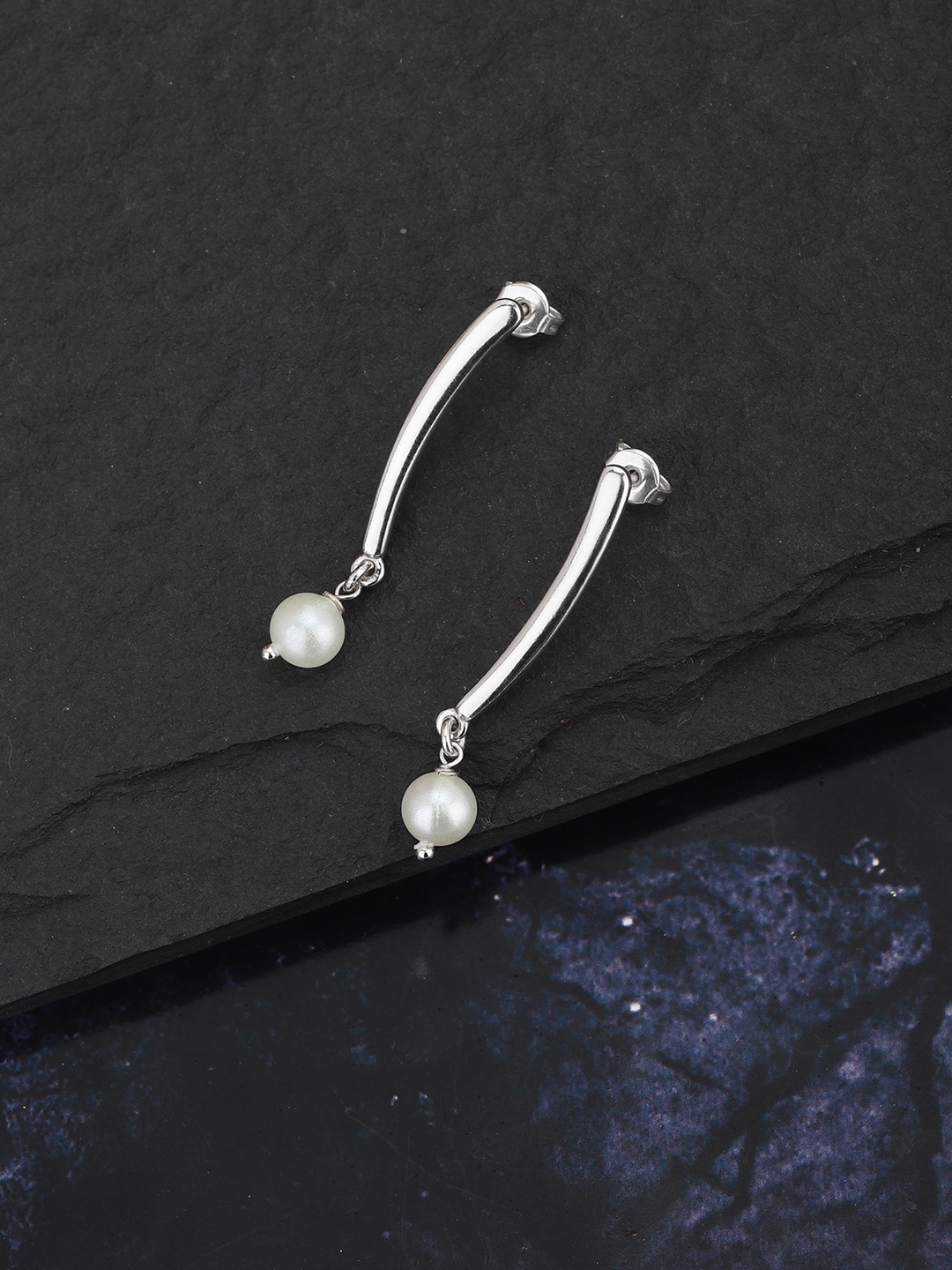 

Carlton London Silver-Toned & White Rhodium-Plated Beaded Contemporary Drop Earrings