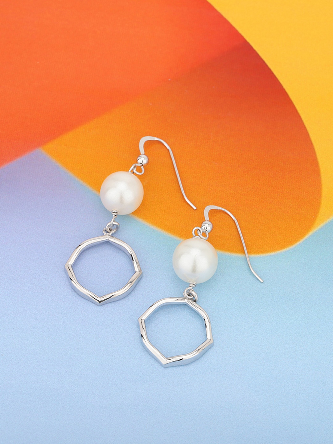 

Carlton London Silver-Toned & Off-White Rhodium-Plated Beaded Contemporary Drop Earrings